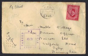 EGYPT UK 1939 ARMY STAMP 10MIL CENSORED TIED FIELD POST OFFICE 60J TO ENGLAND W/