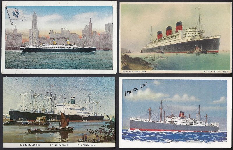 US 1930's FOUR STEAMSHIP MINT POSTCARDS SS SANTA MONICA SS PRINCE RMS QUEEN MARY