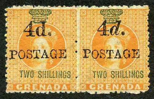 GRENADA SG41/a 4d on 2s orange 4mm space PAIR L/H Stamp Variety Upright d RARE