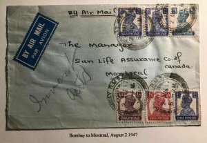 1947 Bombay India Imperial Bank Airmail Cover To Montreal Canada