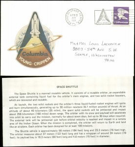 4/12/81 STS-1 Columbia Shuttle Launch Cachet Kennedy Space Center, FL +Enclosure