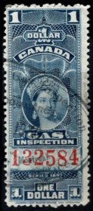 1897 Canada Revenue Scott #- FG22 1 Dollar Queen Victoria Gas Inspection