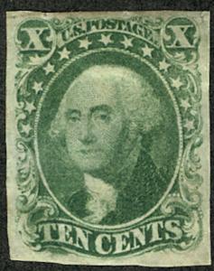 US #14 SCV $6,000. 10c Green, VF/XF mint hinged, a superior stamp with large ...