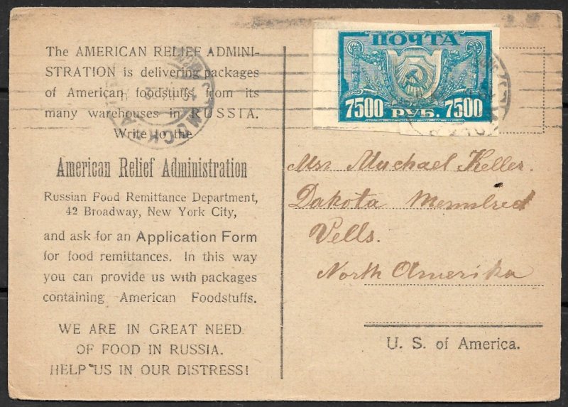 USA / RUSSIA 1922 American Relief Admin Card Tied Sc 203 to MANFRED N DAKOTA