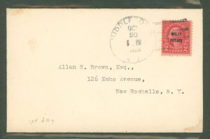 US 646 1928 2c battle of monmouth, molly pitcher overprint, on an uncacheted, addressed, typed fdc with an official city cancel