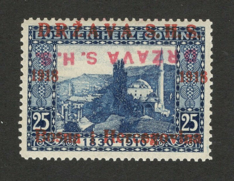 BOSNIA - SHS -MNH STAMP, 25 h - ERROR -TETE BECHE OVERPEINT DRŽAVA S.H.S.-1918