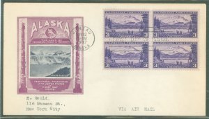 US 800 1937 3c Alaska block of four on an addressed first day cover with an Ioor cachet.