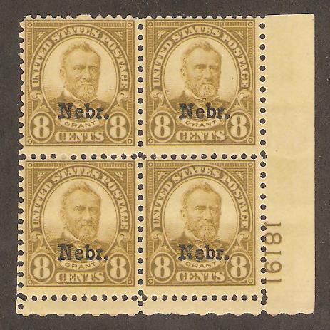 #677 Nebraska Overprint Grant Plate Block mint NH