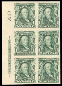 United States, 1904-9 #314 Cat$325, 1906 1c blue green, left margin plate blo...