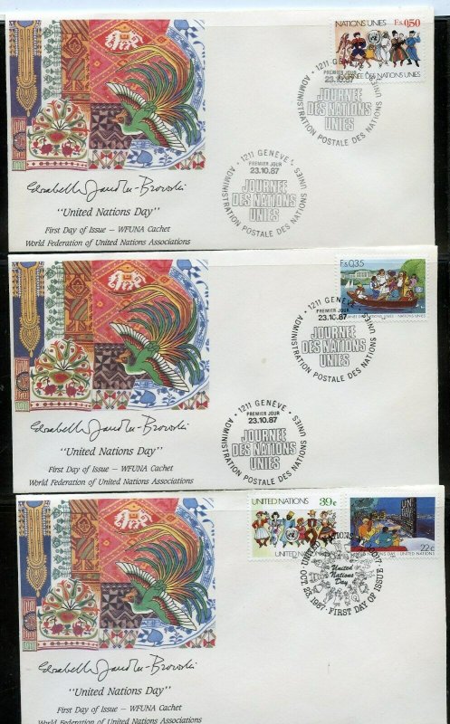 UN 1987 UN DAY WFUNA CACHET BY ELIZABETH von JANOTA-BROWSKI 9 FIRST DAY COVERS 