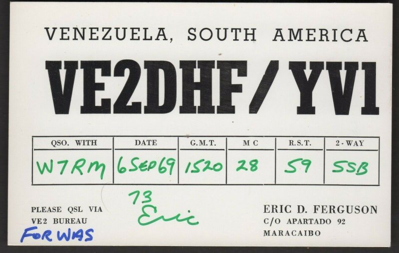 QSL CARD Eric D. Ferguson,VE2DHF/YV1,69,Venezuela,Sout h America(Q4502)