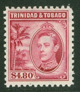 SG 256 Trinidad & Tobago 1938. $4.80 rose-carmine. Very lightly mounted mint...