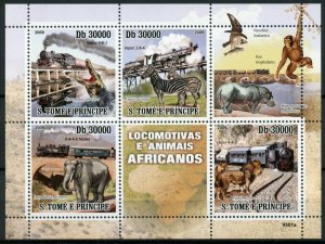 Sao Tome & Principe Trains Stamps 2009 MNH Locomotives & Wild Animals 4v M/S 
