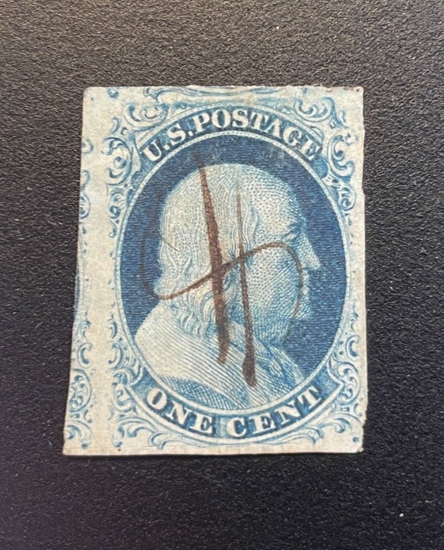 US Scott #9, used, pen cancel and tiny margin crease upper left, otherwise sound