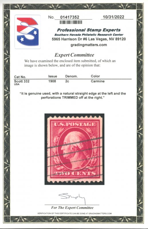 U.S. #332 USED WITH PSE CERT