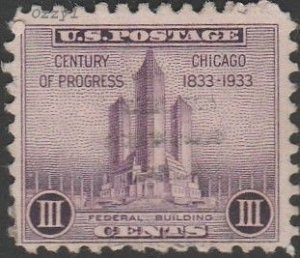 USA #729 1933 3c Violet Federal Building Chicago USED-Good-NH.