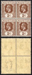 Mauritius SG224 KGV 2c Brown Die 2 U/M block Cat 5 pounds