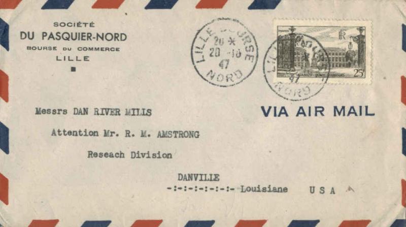 France 25F Stanislas Square at Nancy 1947 Lille-Bourse, Nord Airmail to Danvi...