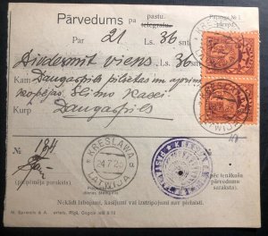 1925 Kreslawa Latvia Money Order Receipt Cover To Daugavpils 