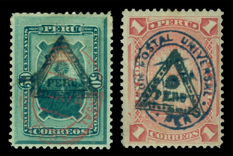 PERU 1883 SUN God of Incas  -Triangle +UPU Peru Ovpt. Sc# 77-78 mint MH Scarce 