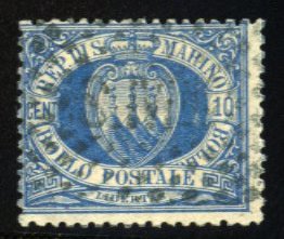 San Marino #7 Cat$115, 1877 10c ultramarine, used