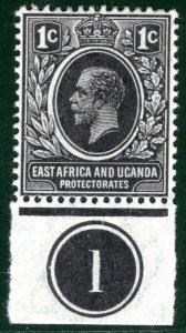 EAST AFRICA & UGANDA (KUT) KGV Stamp 1c PLATE *1* CONTROL Marginal Mint PBLUE134