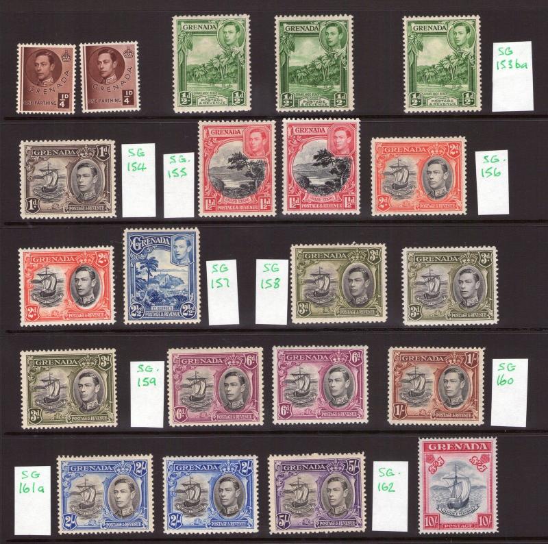 GRENADA 1938 SET 12 plus 9 varieties perfs/shades, Multiples  MINT Cat. £195