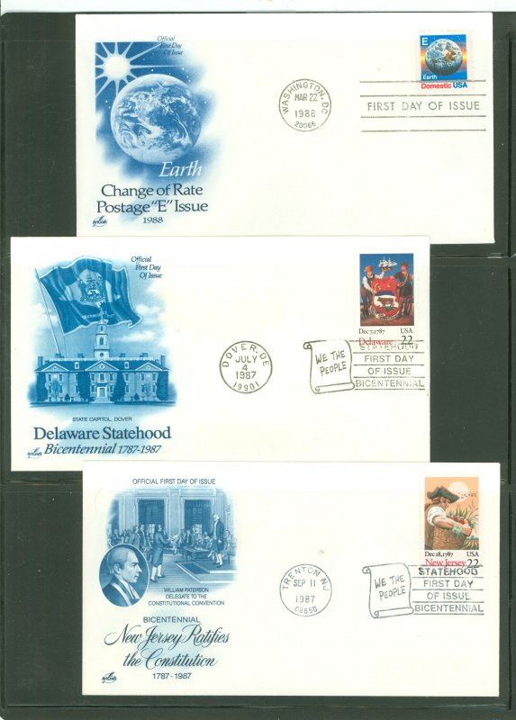US 2282/2336/2338 1987-83 3 different FDCs. Artcraft cachets. E Earth. Delaware & New Jersey Statehood.