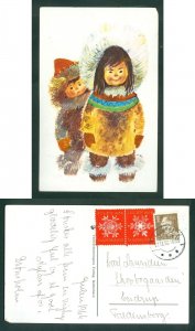 Denmark. Christmas Card 1966. 2 x Seal Cat + 40 Ore. Greenlander Children.