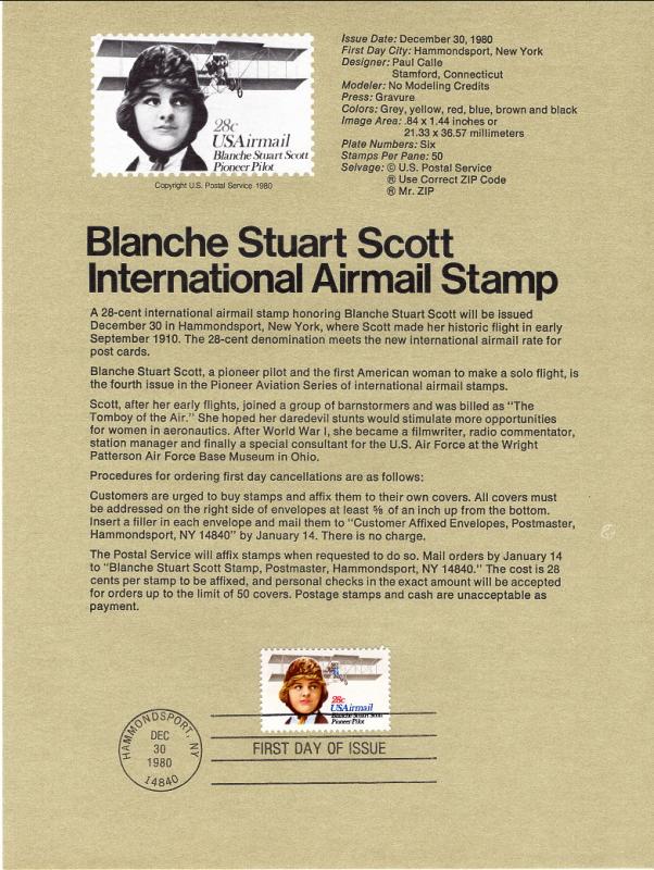 US SP501 Blanche Stuart Scott C99 Souvenir Page FDC