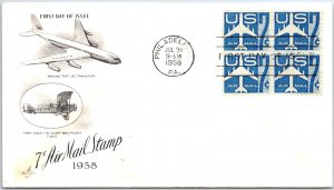 US FIRST DAY COVER BLOCK OF (4) 7c AIRMAIL JETS ON ART CRAFT CACHET 1958 (B)