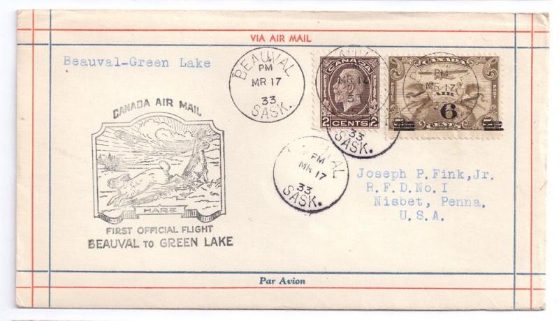 1933 Canada First Flight Cover Beauval to Green Lake FFC