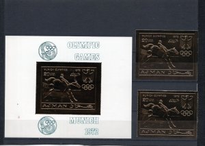 AJMAN 1971 SUMMER OLYMPIC GAMES MUNICH SET OF 2 STAMPS & S/S ON GOLD FOIL MNH