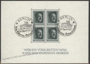 3rd Reich Germany 1937 Hitler Birthday S/S Block 7 Berlin Used 103126