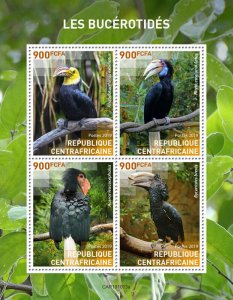 Central African Rep Birds on Stamps 2019 MNH Hornbills Hornbill 4v M/S