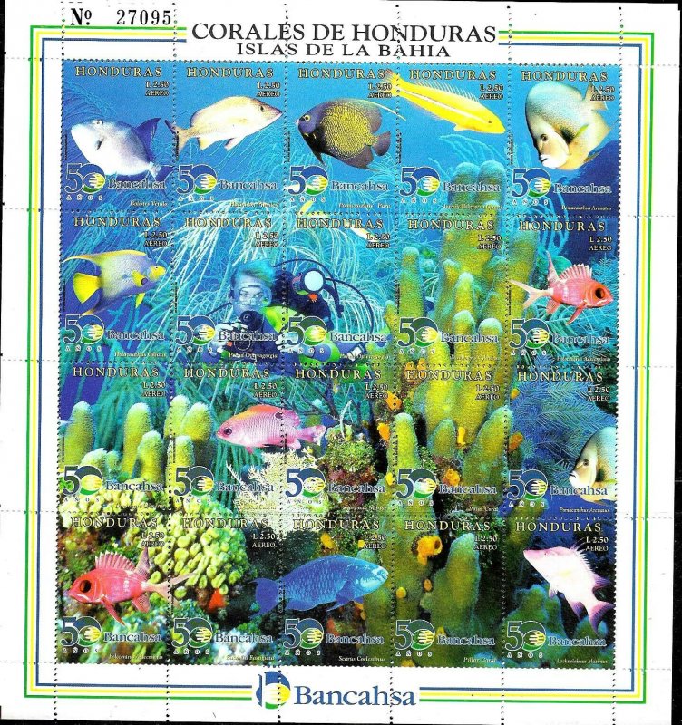 #1732 HONDURAS 1998 FAUNA FISHES CORALS, MS YV 933-52 MNH