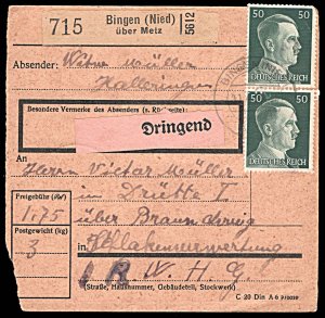 Germany Paketkarte sent from Occupied France to Drütte Concentration Camp