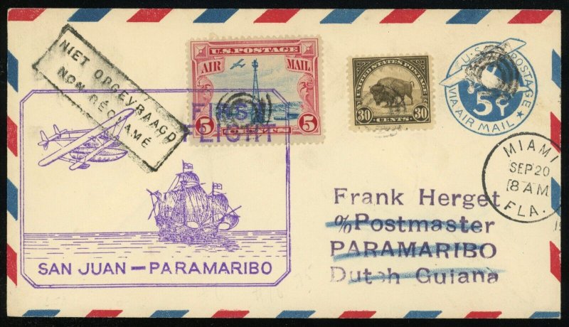 Lindbergh San Juan Paramaribo First Flight Airmail 40c Postage Cover 1929 USA