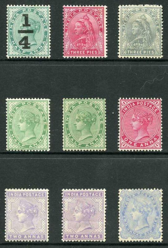 INDIA SG110/8 Mint set plus shades M/M (a few with hinge remainders etc)