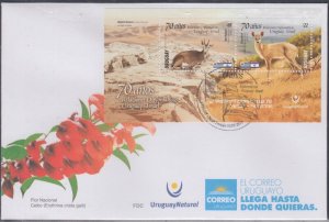 URUGUAY Sc #2678 FDC S/s 70th ANN DIPLOMATIC RELATIONS with ISRAEL, FLAGS, FAUNA