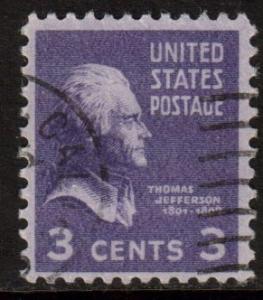 US Scott 807, 1938 Presidential 3c Jefferson used