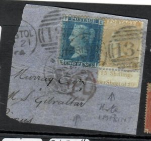 GREAT BRITAIN  QV 2D+ 1/- IMPRINT COPY SG 45 PL 9+SG87 PIECE  VFU    P0607H