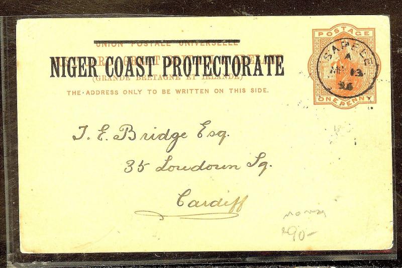 NIGER COAST PROCTECTORATE  (P1012B) 1895 PSC SAPELE TO CARDIFF NO MSG