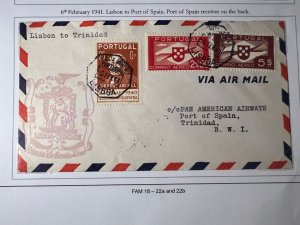 1941 Portugal FAM 18 FFC Airmail Cover Lisbon to Port of Spain Trinidad BWI