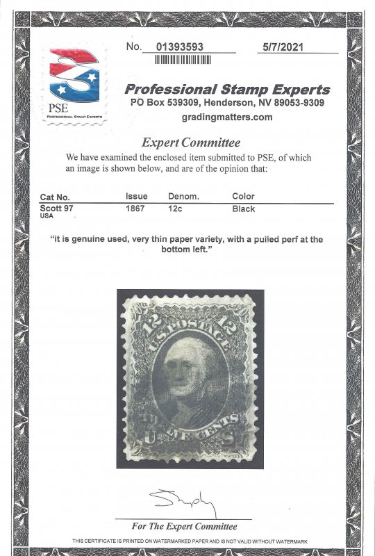 97 Used... PSE Certificate... SCV $325.00... Very thin paper... VF/XF centering