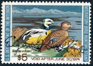 #RW40 – 1973 $5.00 Steller's Eiders. Used.