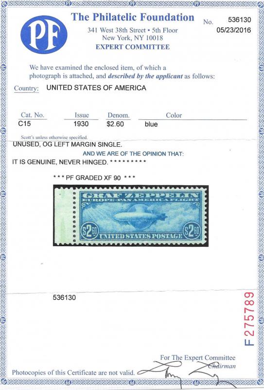 WCstamps: U.S. Scott #C15 / SMQ $1,250 - $2.60 Graf Zeppelin PF Grade 90, OGnh