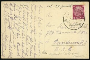 Germany  to USA Norddeutscher Lloyd Postmark 1934 Esefjord Norway Photo Card