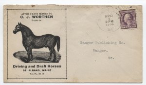 1918 St. Albans ME ad cover C.J. Worthen Driving and Draft Horses [h.5940]