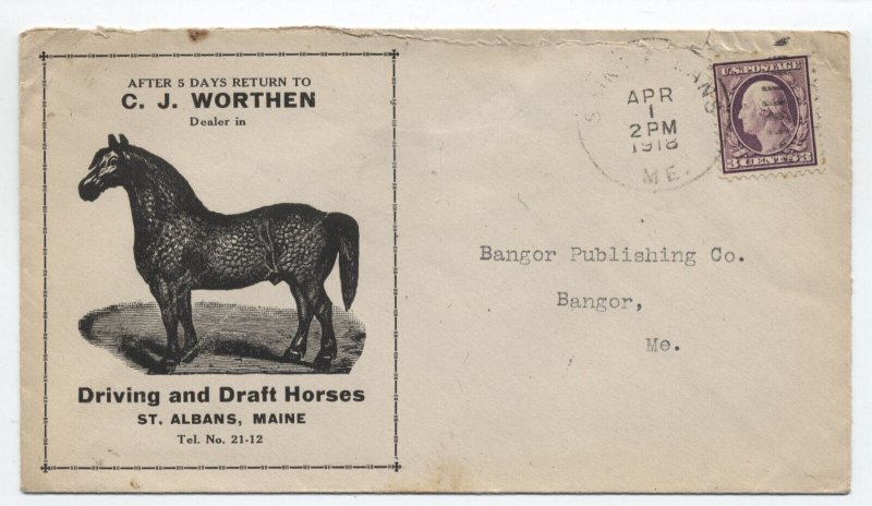 1918 St. Albans ME ad cover C.J. Worthen Driving and Draft Horses [h.5940]